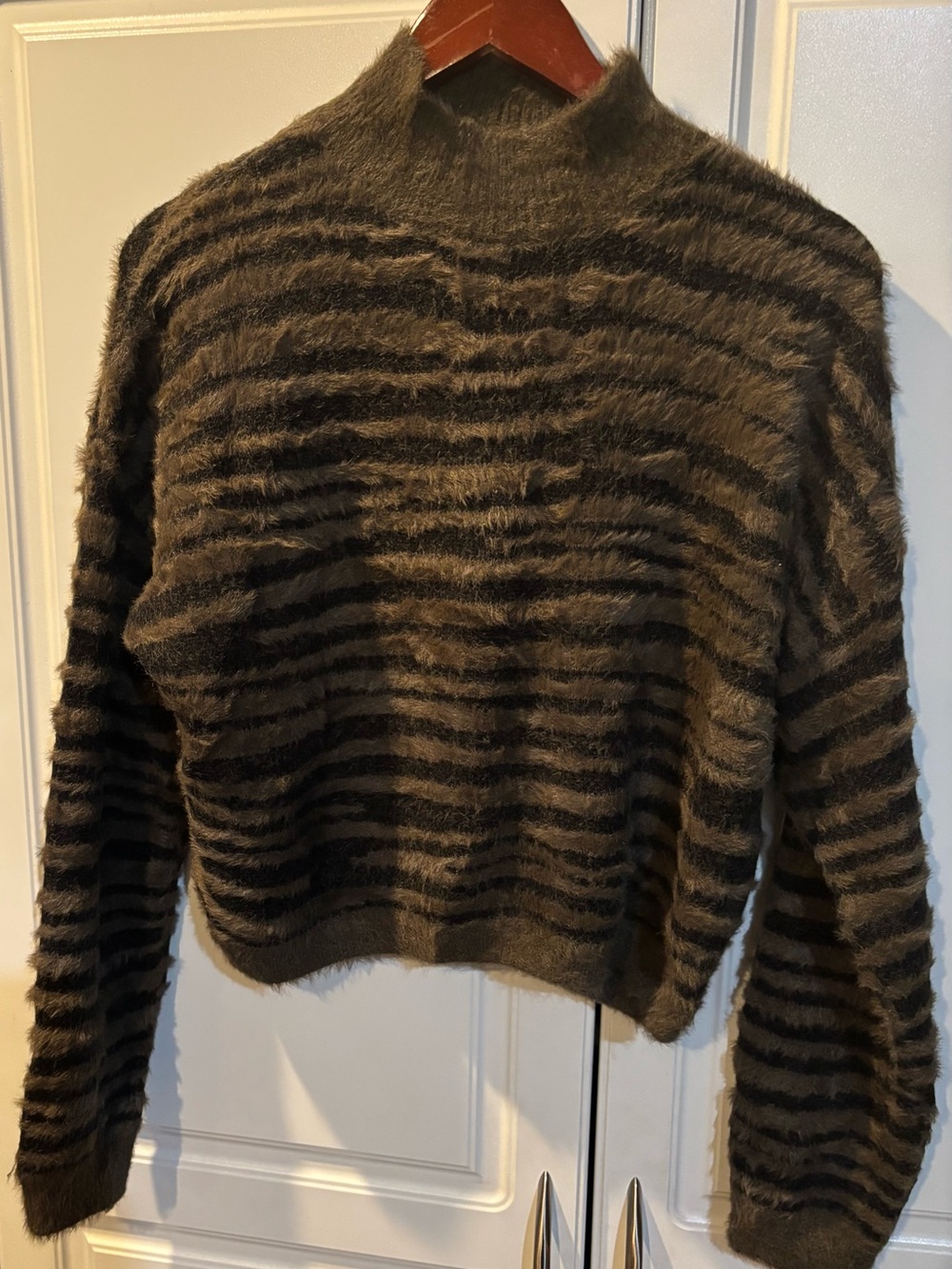 Jessica Simpson Olive and Black Fuzzy Stripe Turtleneck Sweater cropped